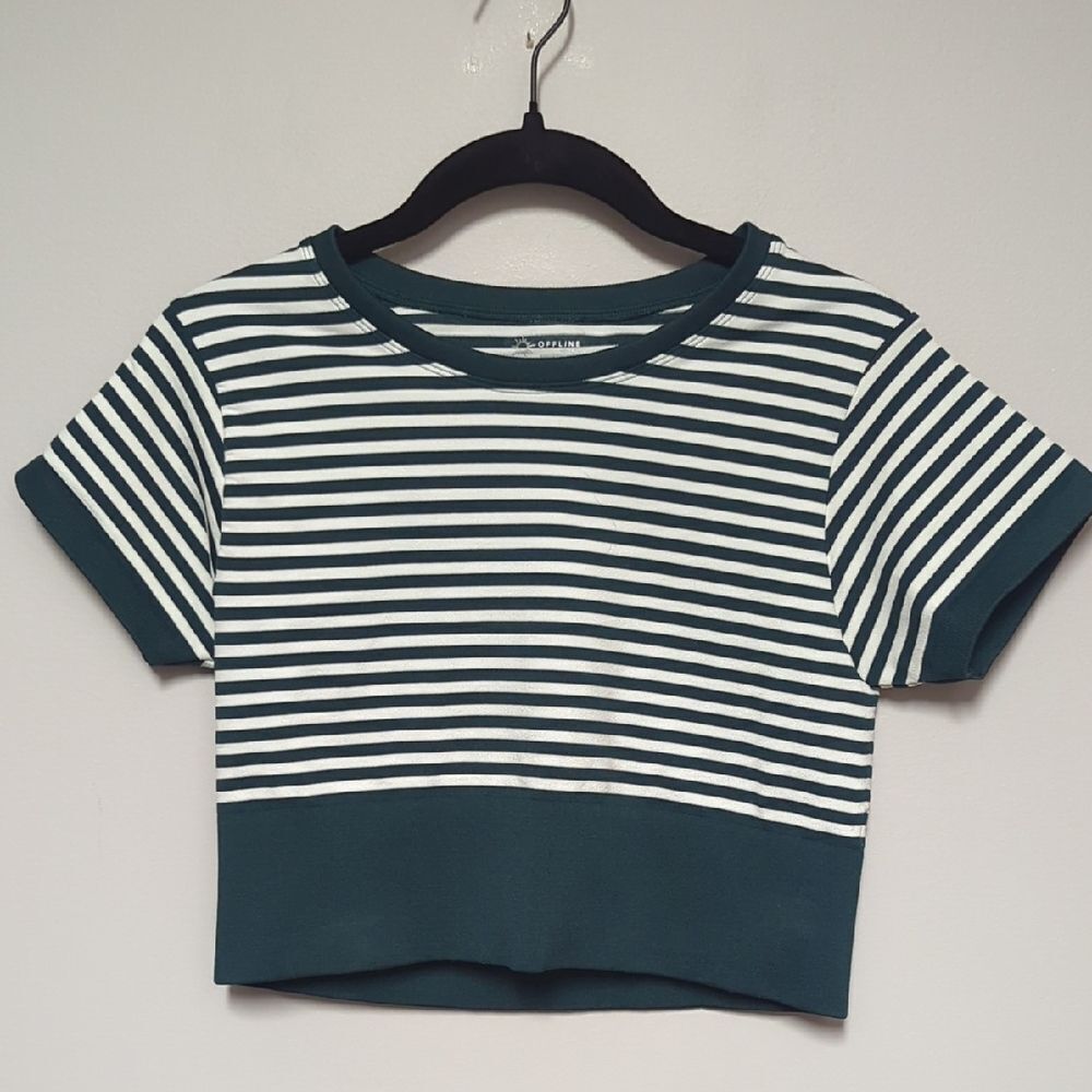 Aerie Green and White Striped Crop Top
